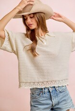 Miss Bliss Bibi Crochet Edge Button Collar Knit Top-Ivory