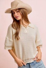 Miss Bliss Bibi Crochet Edge Button Collar Knit Top-Ivory
