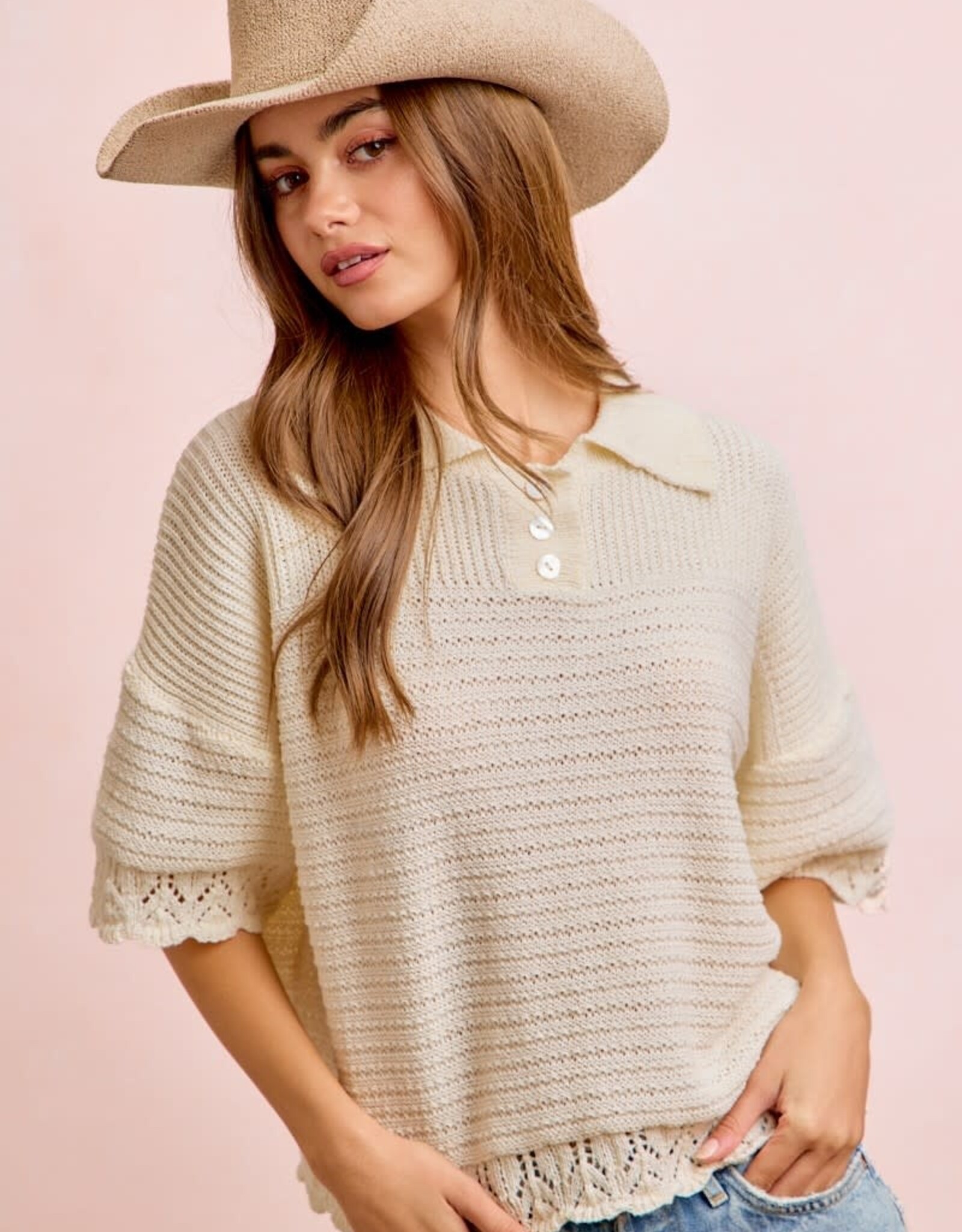 Miss Bliss Bibi Crochet Edge Button Collar Knit Top-Ivory