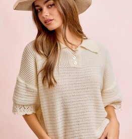 Miss Bliss Crochet Edge Button Collar Knit Top-Ivory