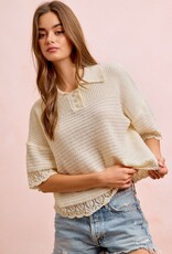 Miss Bliss Bibi Crochet Edge Button Collar Knit Top-Ivory