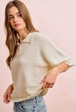 Miss Bliss Bibi Crochet Edge Button Collar Knit Top-Ivory