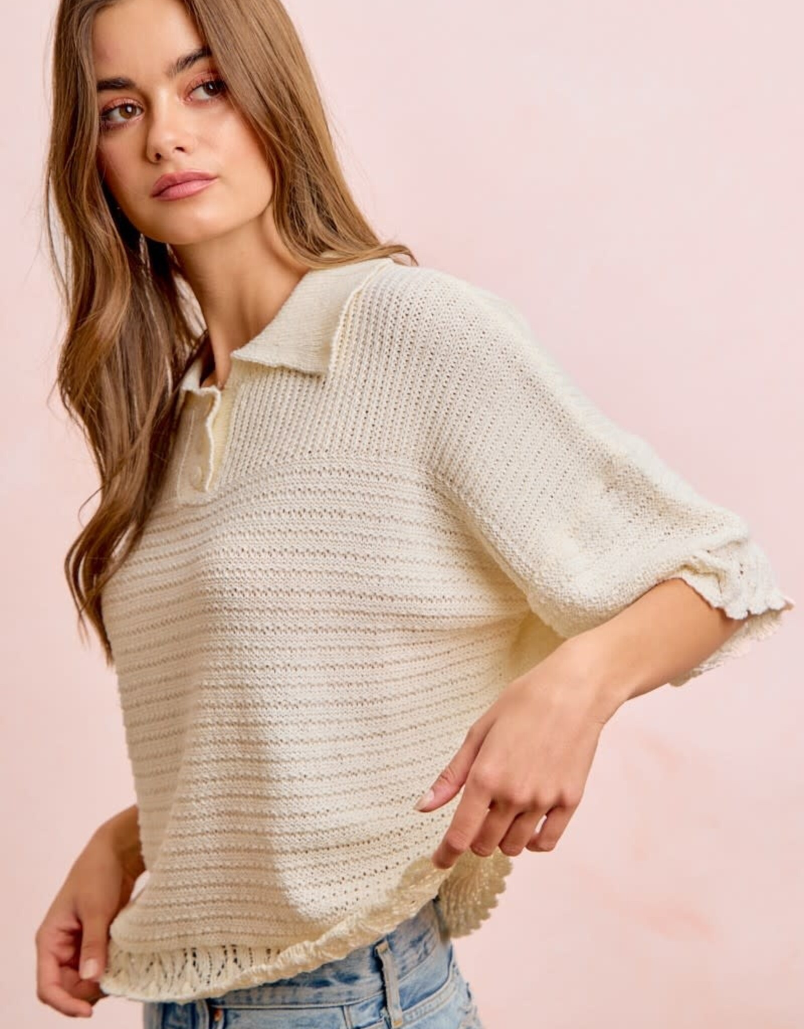 Miss Bliss Bibi Crochet Edge Button Collar Knit Top-Ivory