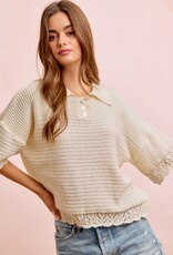 Miss Bliss Bibi Crochet Edge Button Collar Knit Top-Ivory