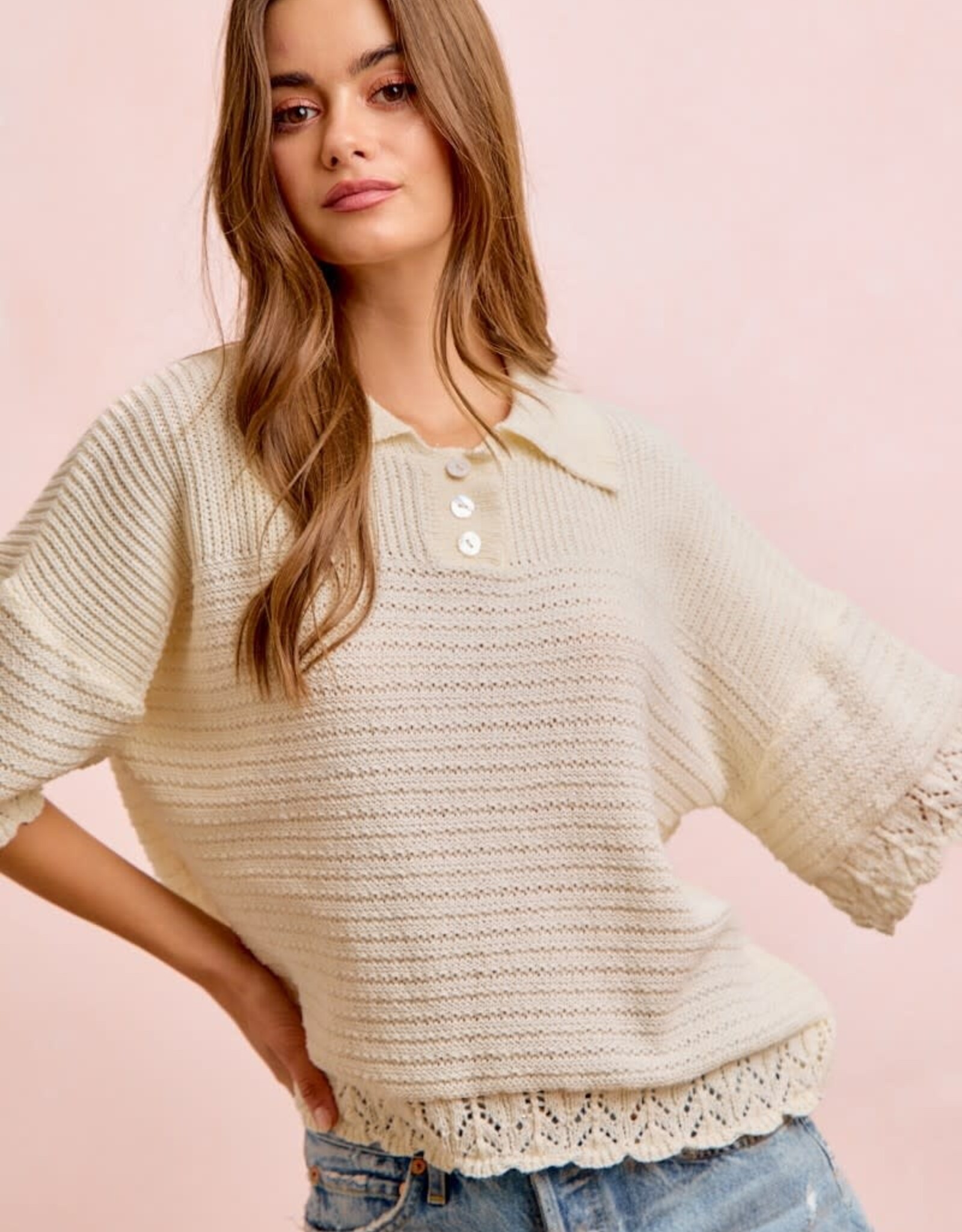 Miss Bliss Bibi Crochet Edge Button Collar Knit Top-Ivory