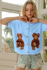 Miss Bliss Bibi Teddy Bear W Bow Patched Cardi Top-Blue