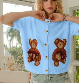 Miss Bliss Bibi Teddy Bear W Bow Patched Cardi Top-Blue