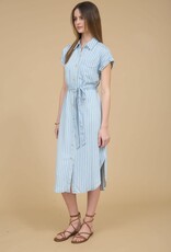 Miss Bliss Blu Stripe Col Tie Belt Strap Midi Dress-Chambray