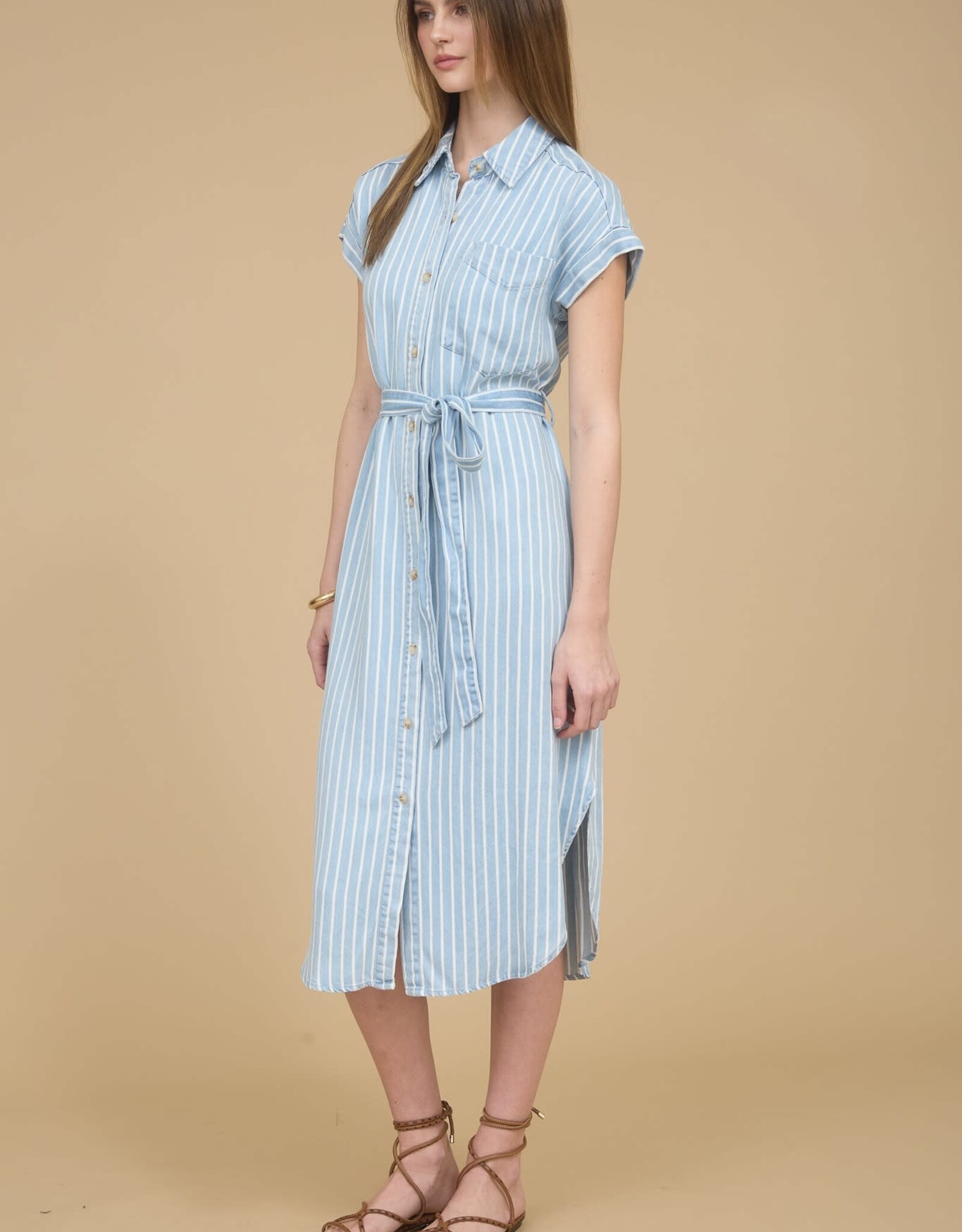 Miss Bliss Blu Stripe Col Tie Belt Strap Midi Dress-Chambray