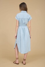 Miss Bliss Blu Stripe Col Tie Belt Strap Midi Dress-Chambray