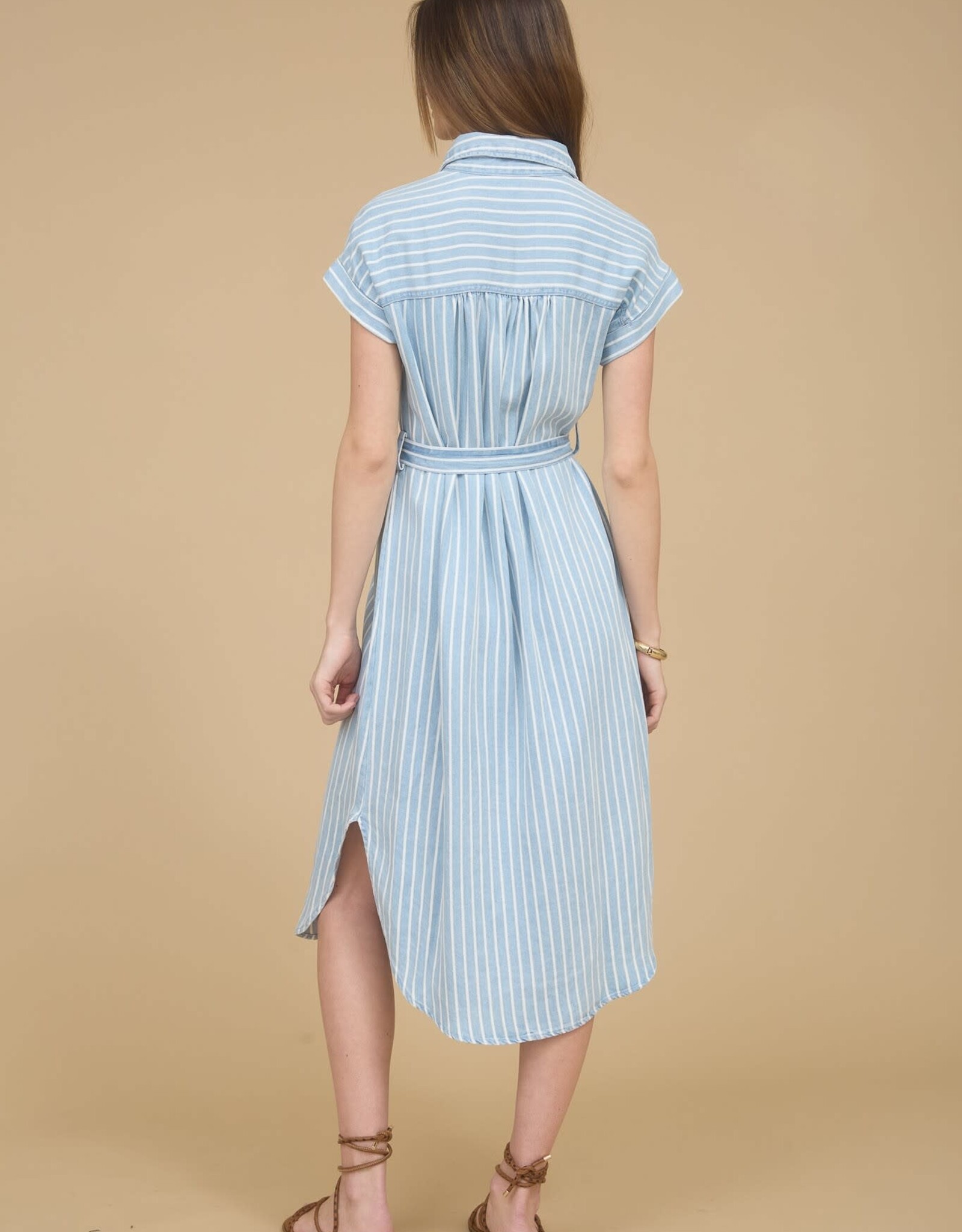 Miss Bliss Blu Stripe Col Tie Belt Strap Midi Dress-Chambray