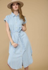 Miss Bliss Blu Stripe Col Tie Belt Strap Midi Dress-Chambray