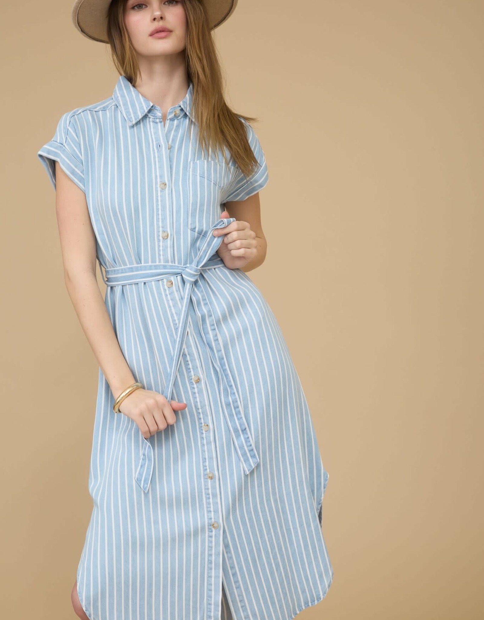 Miss Bliss Blu Stripe Col Tie Belt Strap Midi Dress-Chambray