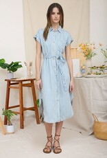 Miss Bliss Blu Stripe Col Tie Belt Strap Midi Dress-Chambray