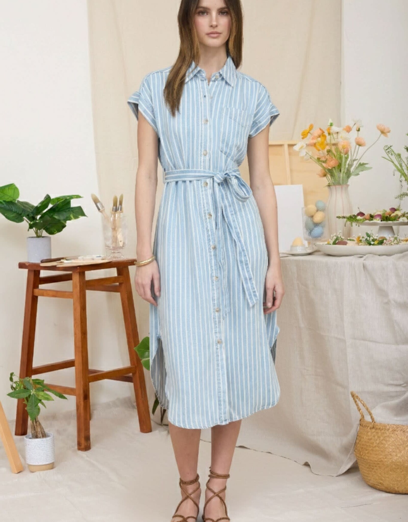 Miss Bliss Blu Stripe Col Tie Belt Strap Midi Dress-Chambray
