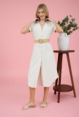 Miss Bliss Blu Collared Tab Slv Belted Midi Dress-Natural