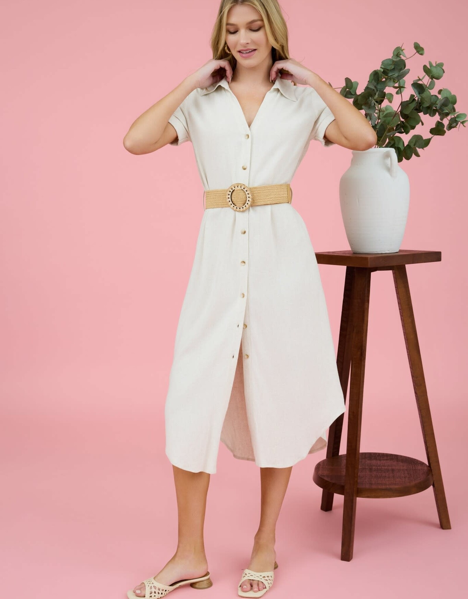 Miss Bliss Blu Collared Tab Slv Belted Midi Dress-Natural