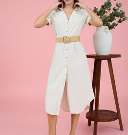 Miss Bliss Collared Belted Midi Dress-Natural