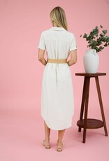 Miss Bliss Blu Collared Tab Slv Belted Midi Dress-Natural