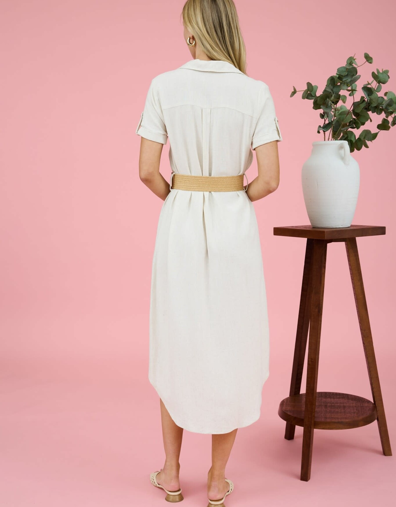 Miss Bliss Blu Collared Tab Slv Belted Midi Dress-Natural