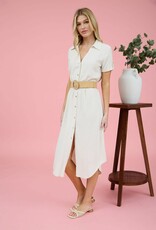 Miss Bliss Blu Collared Tab Slv Belted Midi Dress-Natural