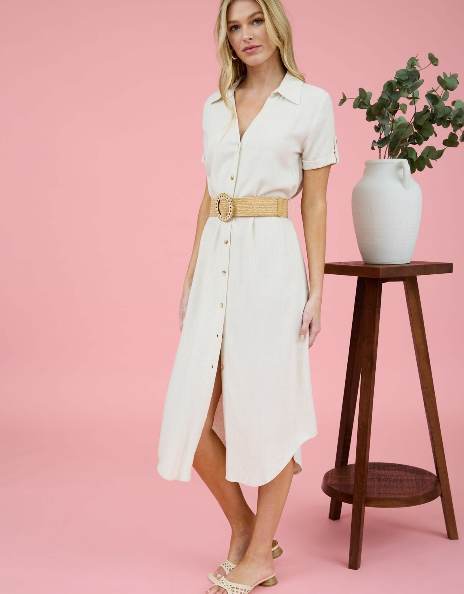 Miss Bliss Blu Collared Tab Slv Belted Midi Dress-Natural