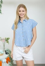 Miss Bliss Blu Embroid. Floral Pattern Denim Shirt-Chambray