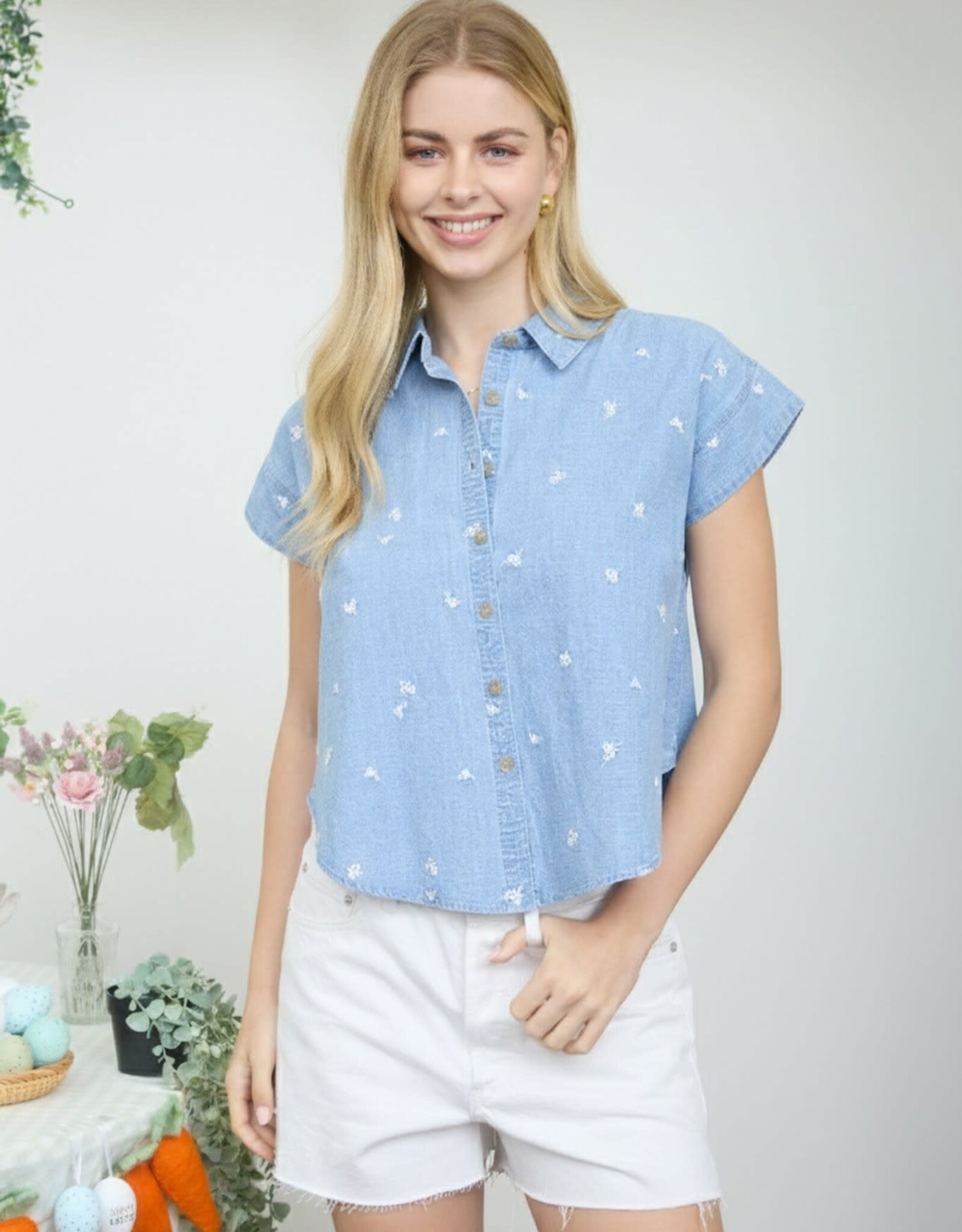 Miss Bliss Blu Embroid. Floral Pattern Denim Shirt-Chambray