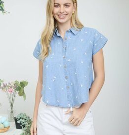 Miss Bliss Embroidered Floral Denim Shirt-Chambray