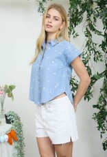 Miss Bliss Blu Embroid. Floral Pattern Denim Shirt-Chambray