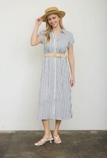 Miss Bliss Blu Stripe SS Belt Shirt Dress-Navy/Iv