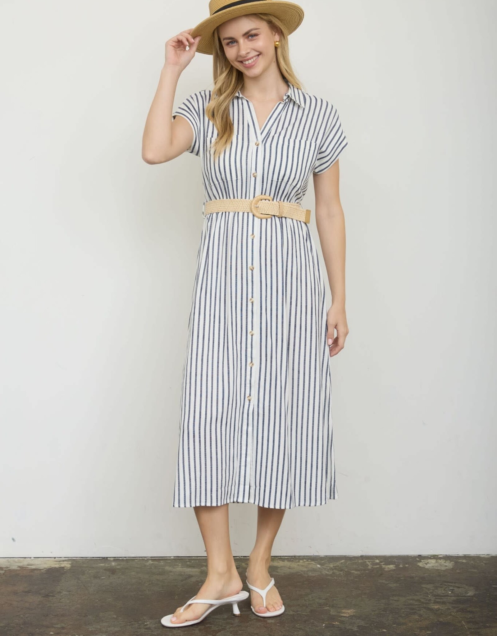 Miss Bliss Blu Stripe SS Belt Shirt Dress-Navy/Iv