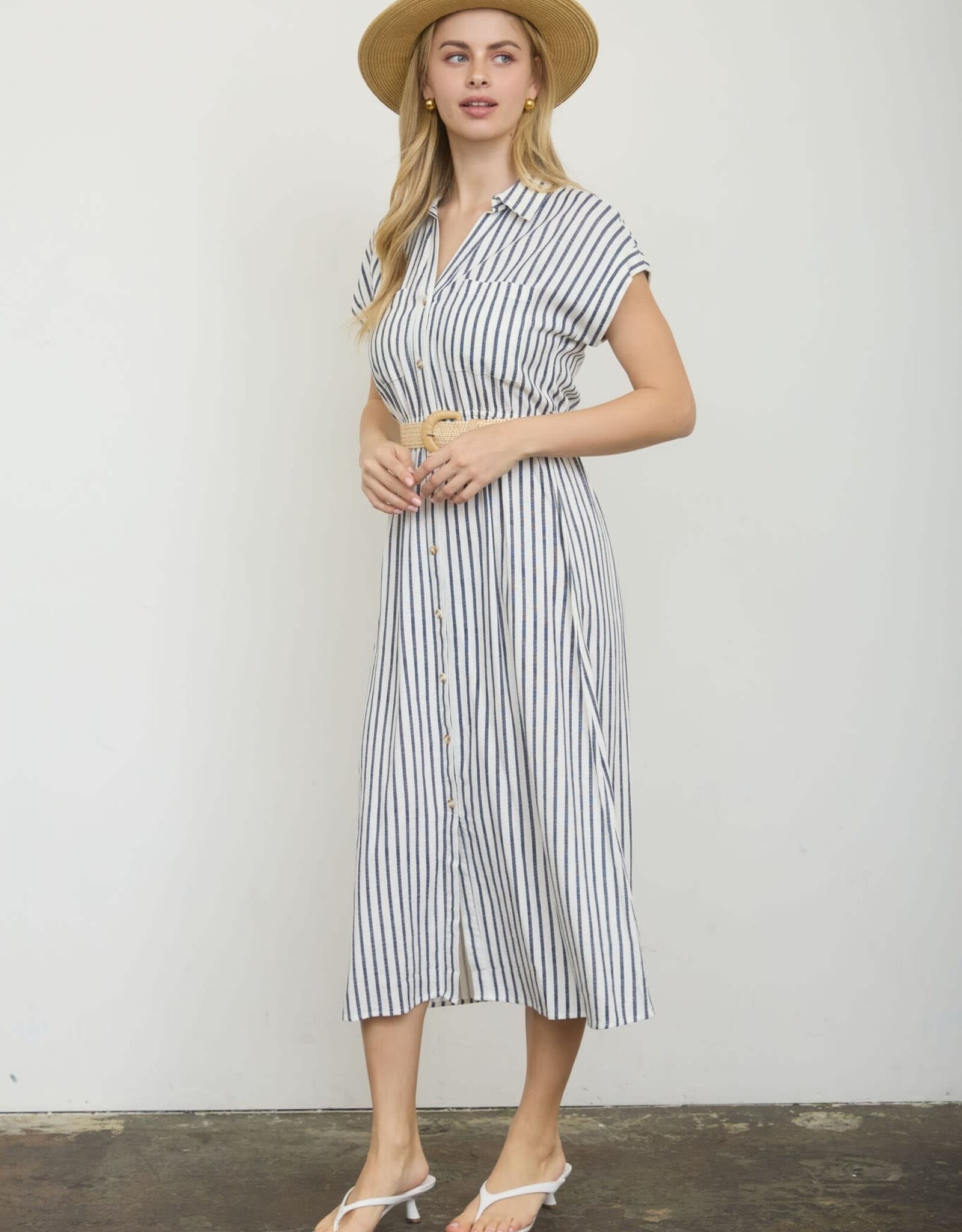 Miss Bliss Blu Stripe SS Belt Shirt Dress-Navy/Iv
