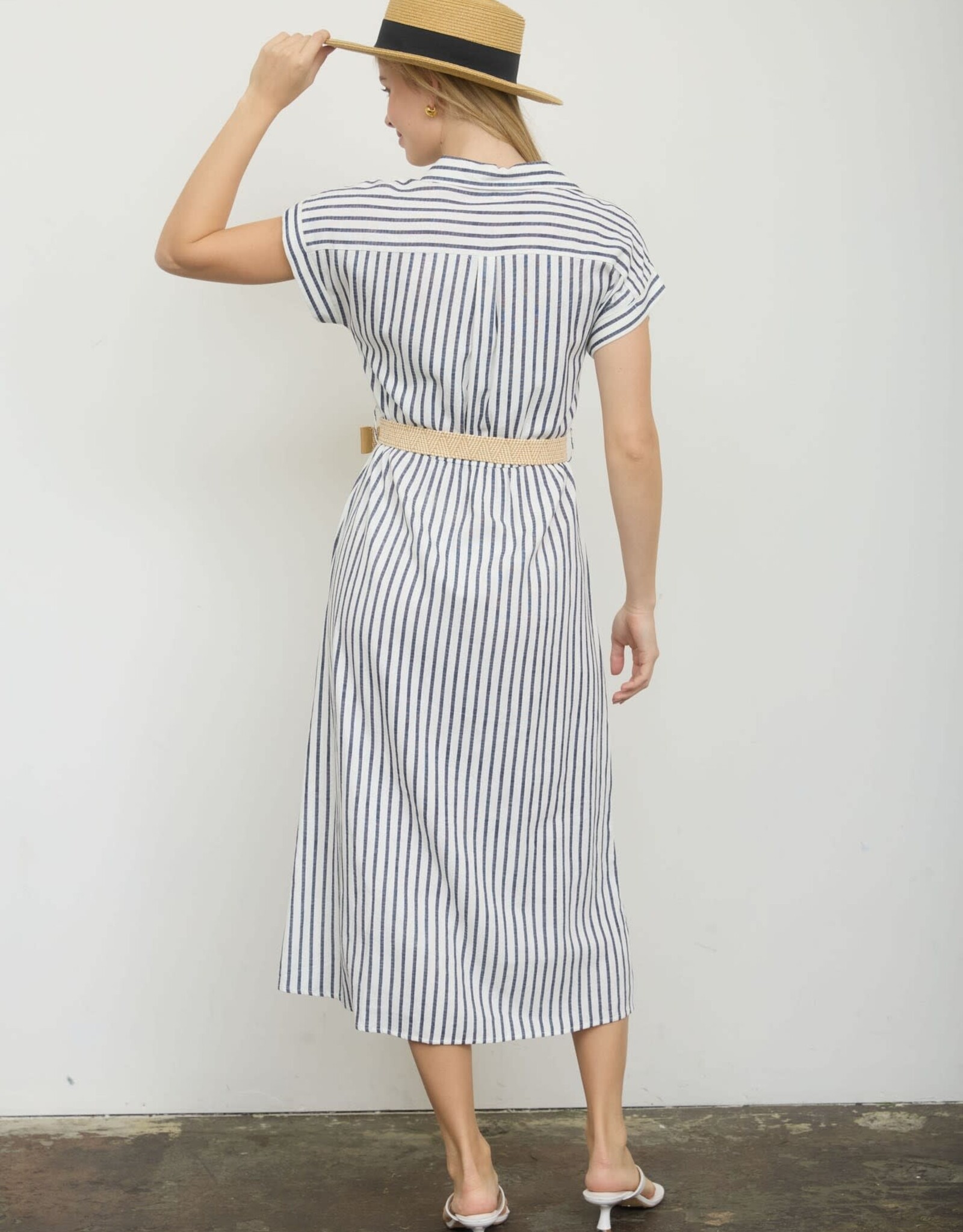 Miss Bliss Blu Stripe SS Belt Shirt Dress-Navy/Iv