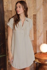 Miss Bliss Blu Stripe Collared SS Mini Shirt Dress-Olive