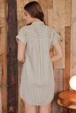 Miss Bliss Blu Stripe Collared SS Mini Shirt Dress-Olive