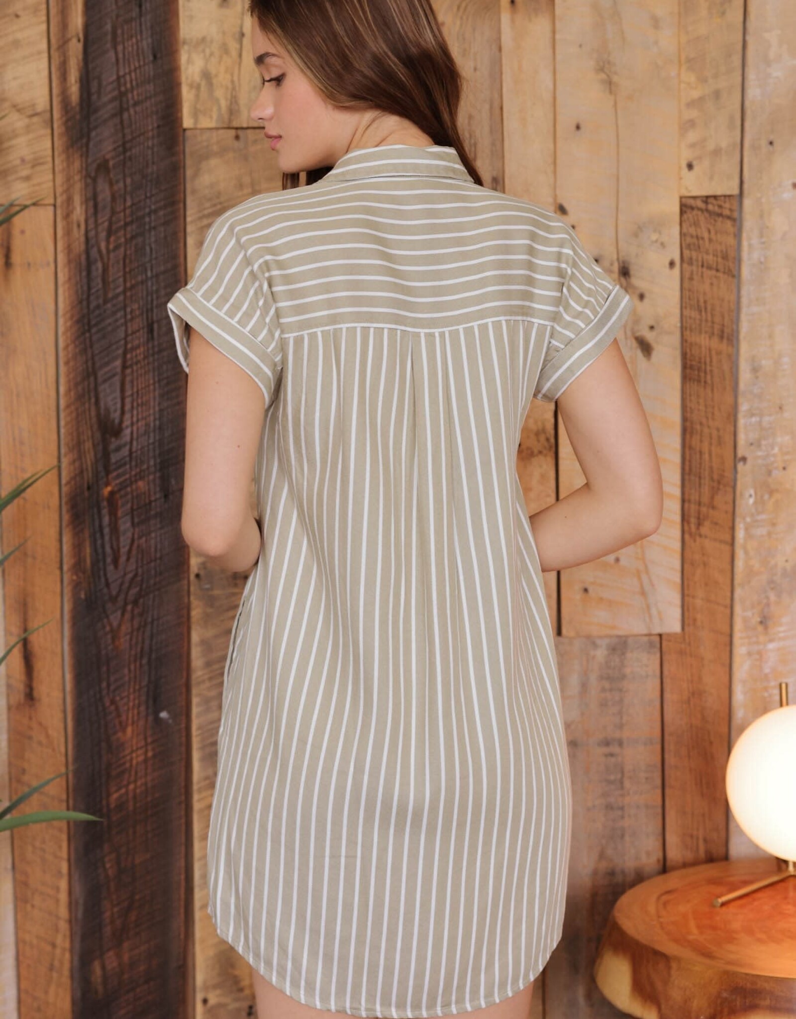Miss Bliss Blu Stripe Collared SS Mini Shirt Dress-Olive