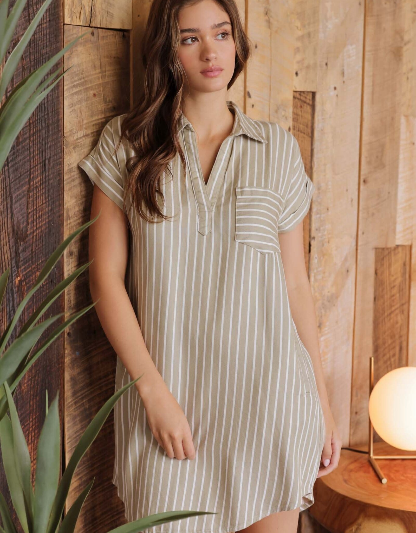 Miss Bliss Blu Stripe Collared SS Mini Shirt Dress-Olive