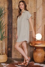 Miss Bliss Blu Stripe Collared SS Mini Shirt Dress-Olive