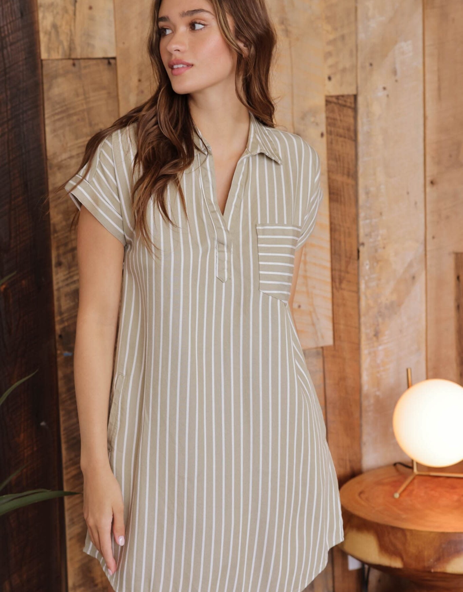 Miss Bliss Blu Stripe Collared SS Mini Shirt Dress-Olive