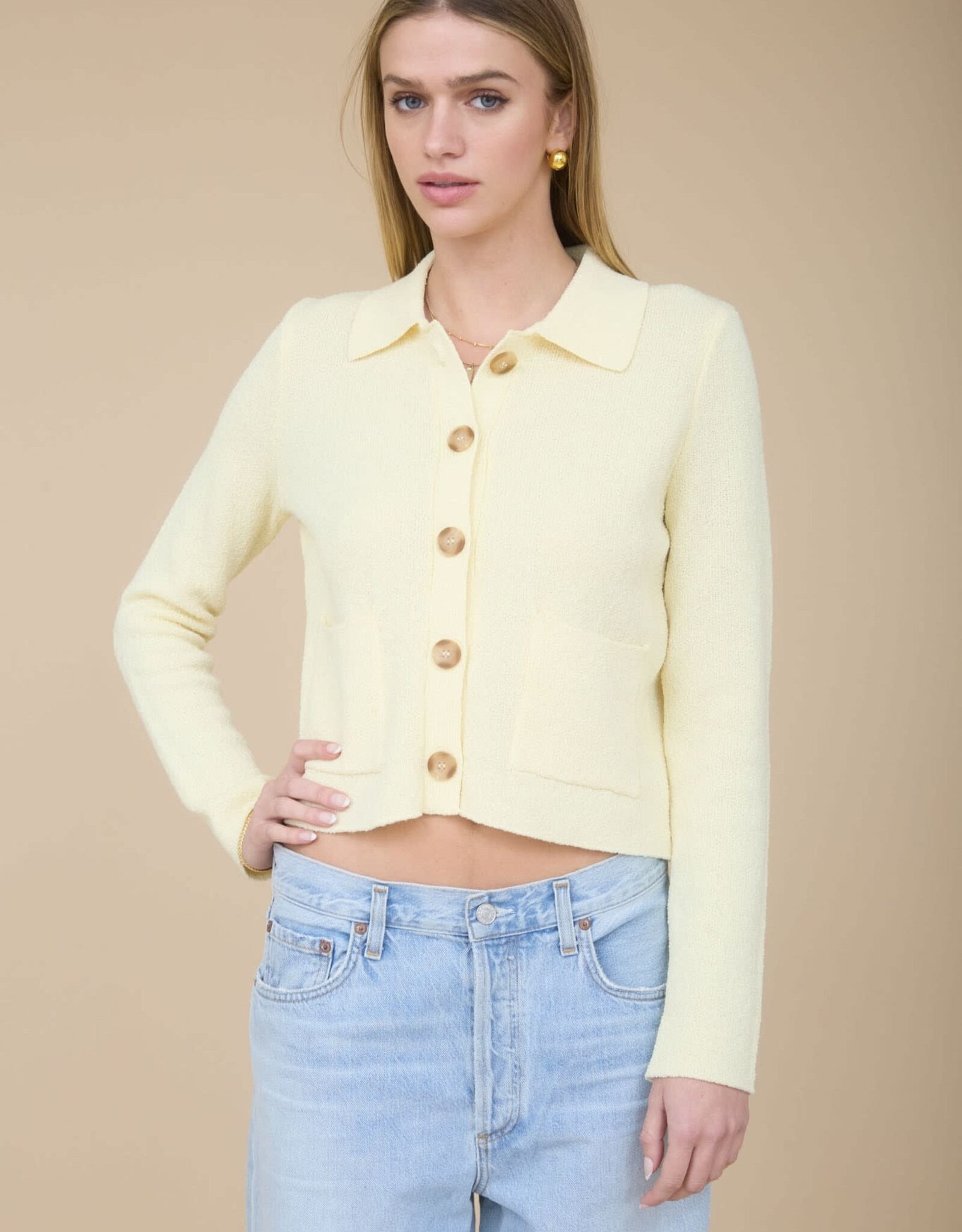 Miss Bliss Blu Collared Button Down Ls Knit Cardi-Butter Yellow