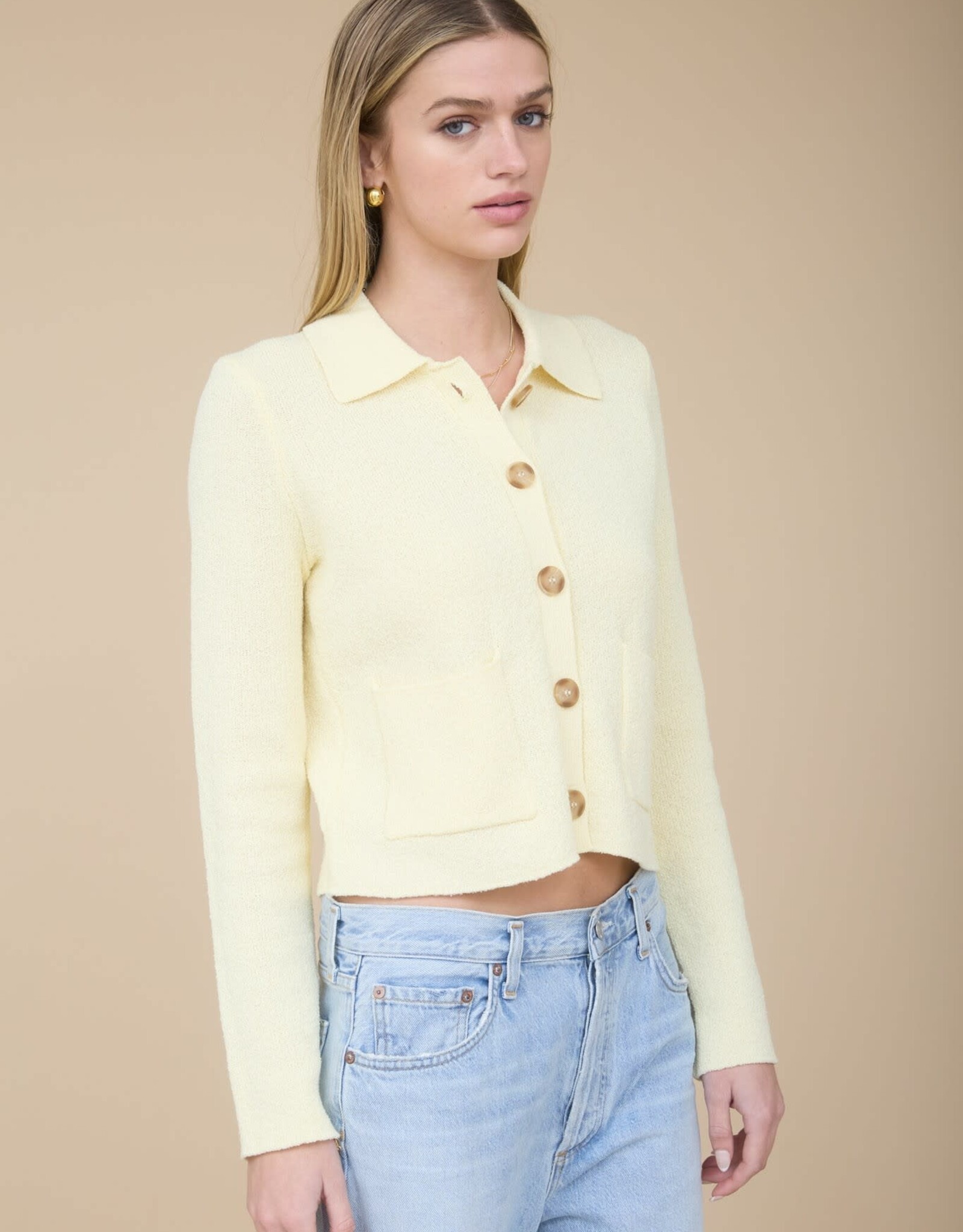 Miss Bliss Blu Collared Button Down Ls Knit Cardi-Butter Yellow