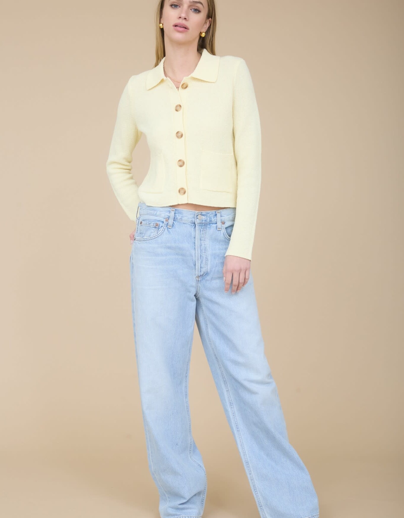 Miss Bliss Blu Collared Button Down Ls Knit Cardi-Butter Yellow