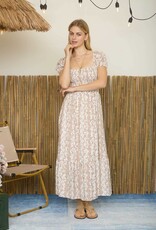 Miss Bliss Blu Wavy Floral Pattern Smckd. Puff Slv Midi Dress-Brown