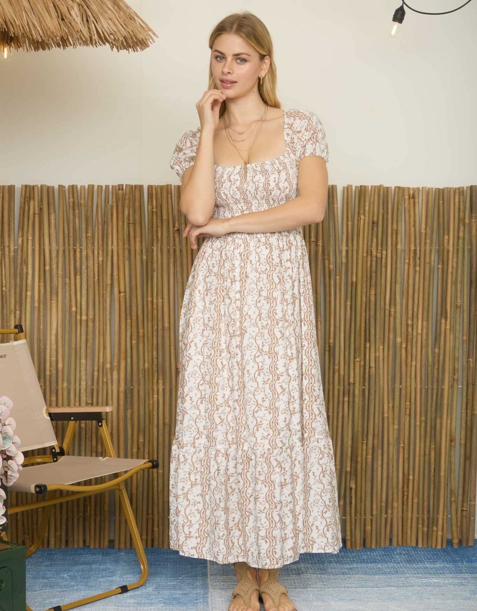 Miss Bliss Blu Wavy Floral Pattern Smckd. Puff Slv Midi Dress-Brown