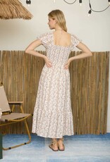 Miss Bliss Blu Wavy Floral Pattern Smckd. Puff Slv Midi Dress-Brown