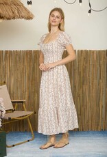 Miss Bliss Blu Wavy Floral Pattern Smckd. Puff Slv Midi Dress-Brown