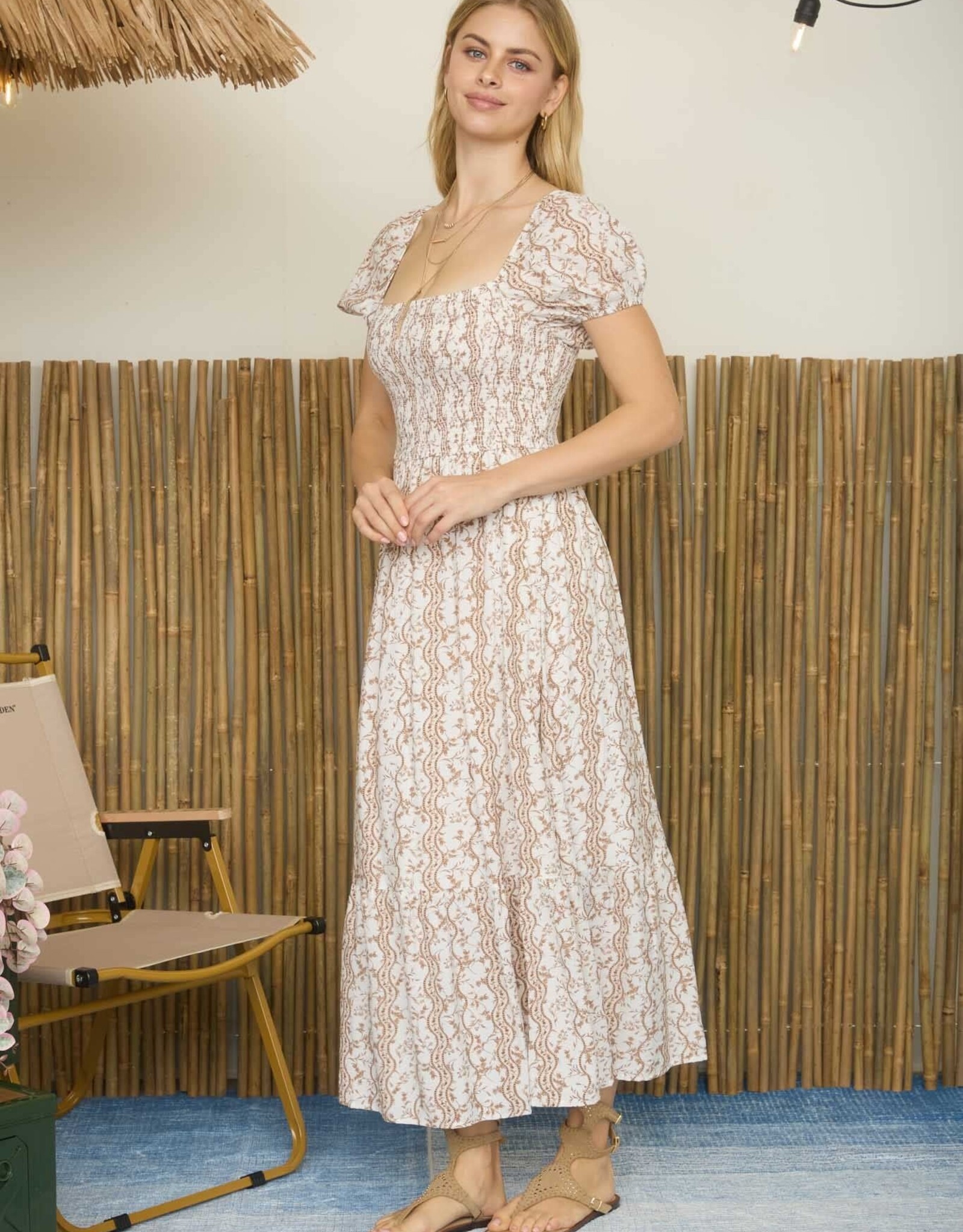 Miss Bliss Blu Wavy Floral Pattern Smckd. Puff Slv Midi Dress-Brown