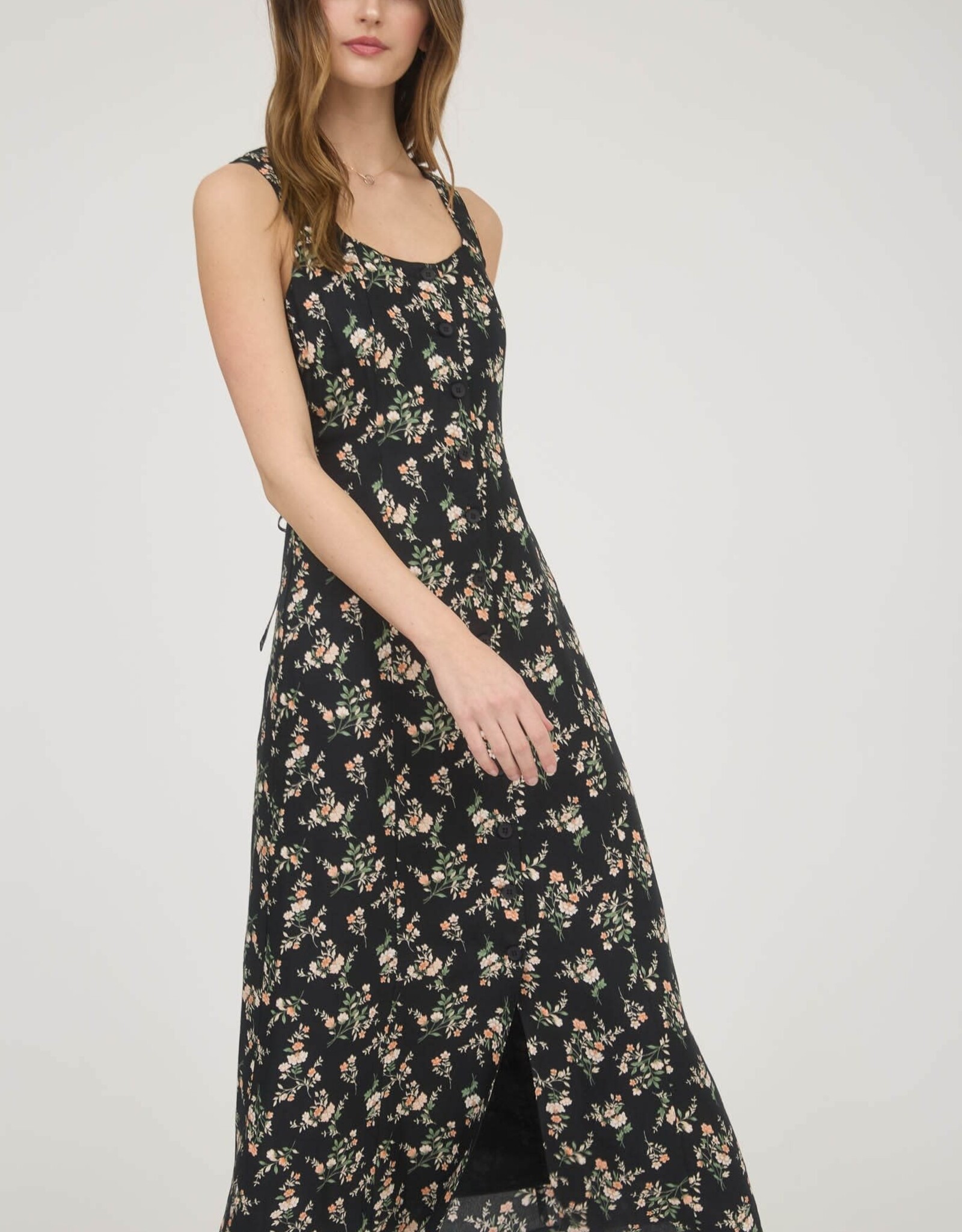 Miss Bliss Blu Floral Sleeveless Midi Dress-Black Multi