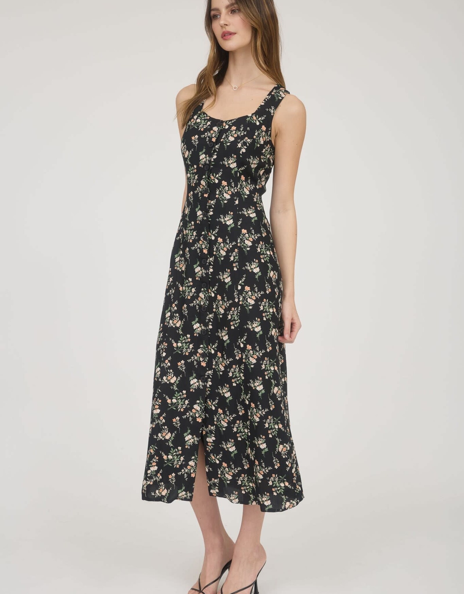Miss Bliss Blu Floral Sleeveless Midi Dress-Black Multi